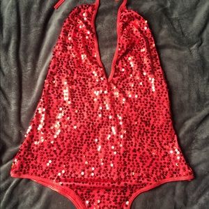 Red sequin halter bodysuit